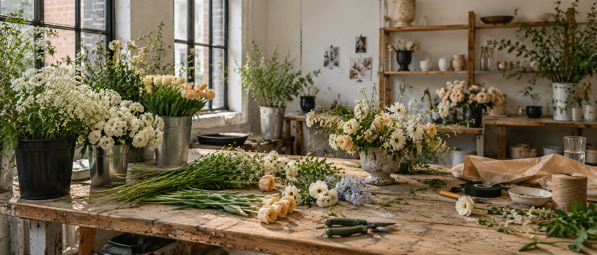 Worktable with loose seasonal flowers and floral tools in the Fleur & Finch studio