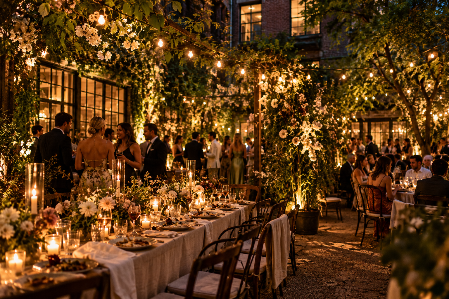 Candlelit dinner reception with abundant florals inside a Hudson Valley barn