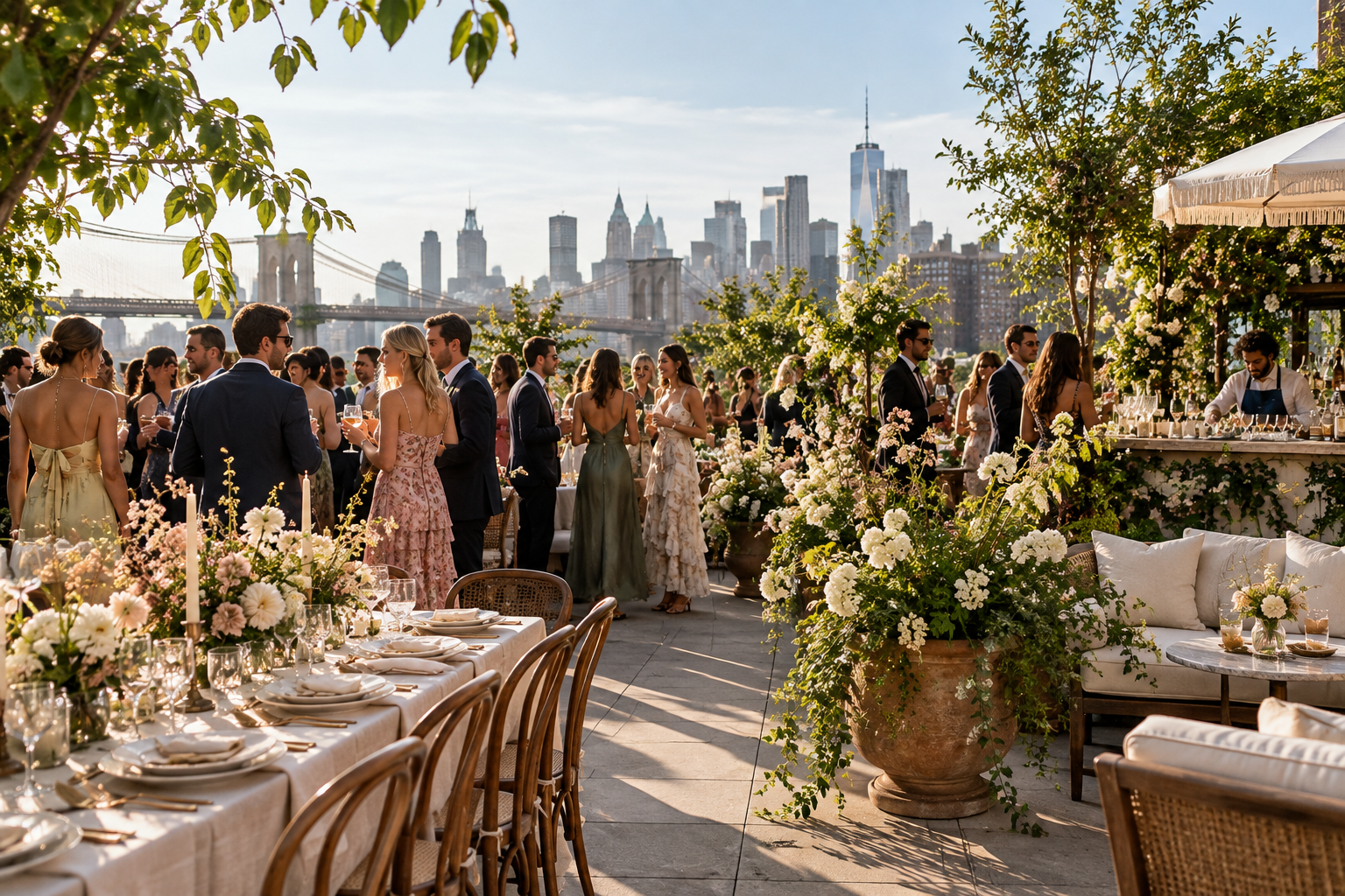 Garden-inspired rooftop celebration with abundant florals overlooking New York City