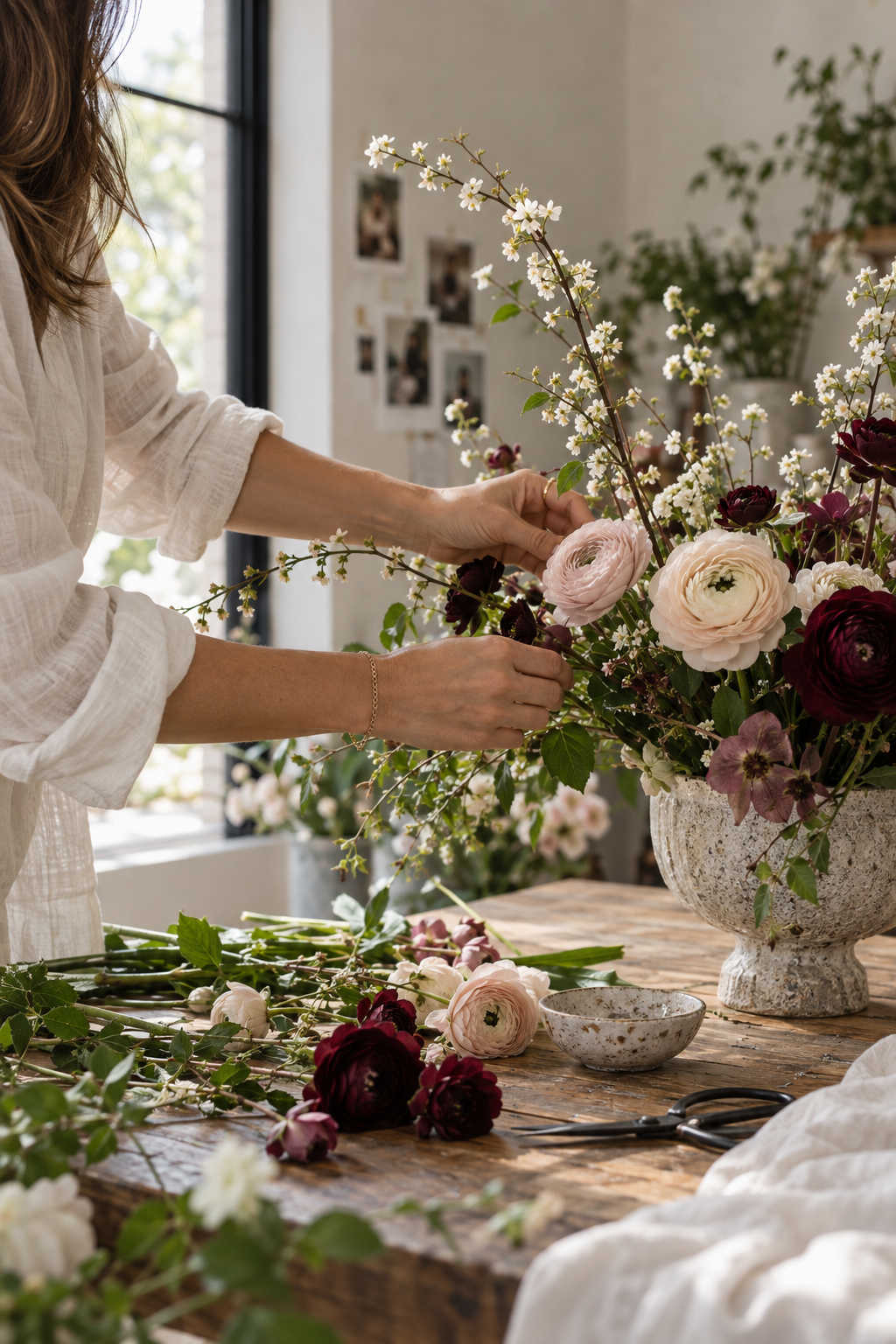 Hands arranging ranunculus and quince branch in the Fleur & Finch studio, cropped tight at the edge of the frame