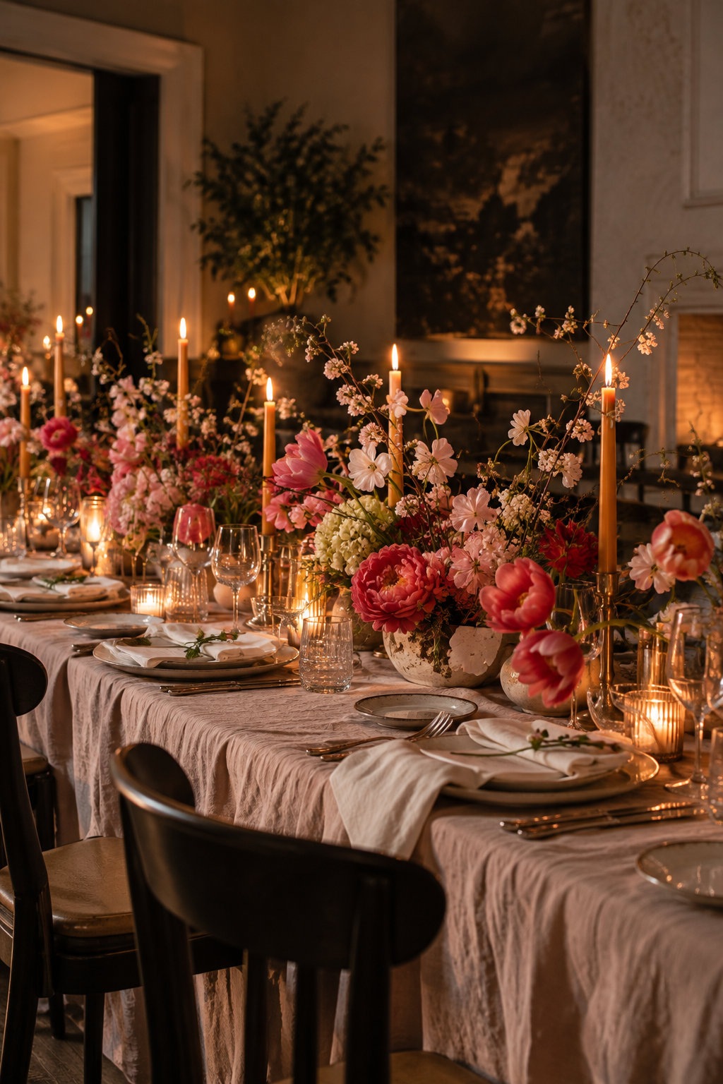 A candlelit private dinner table styled with a low floral arrangement by Fleur & Finch