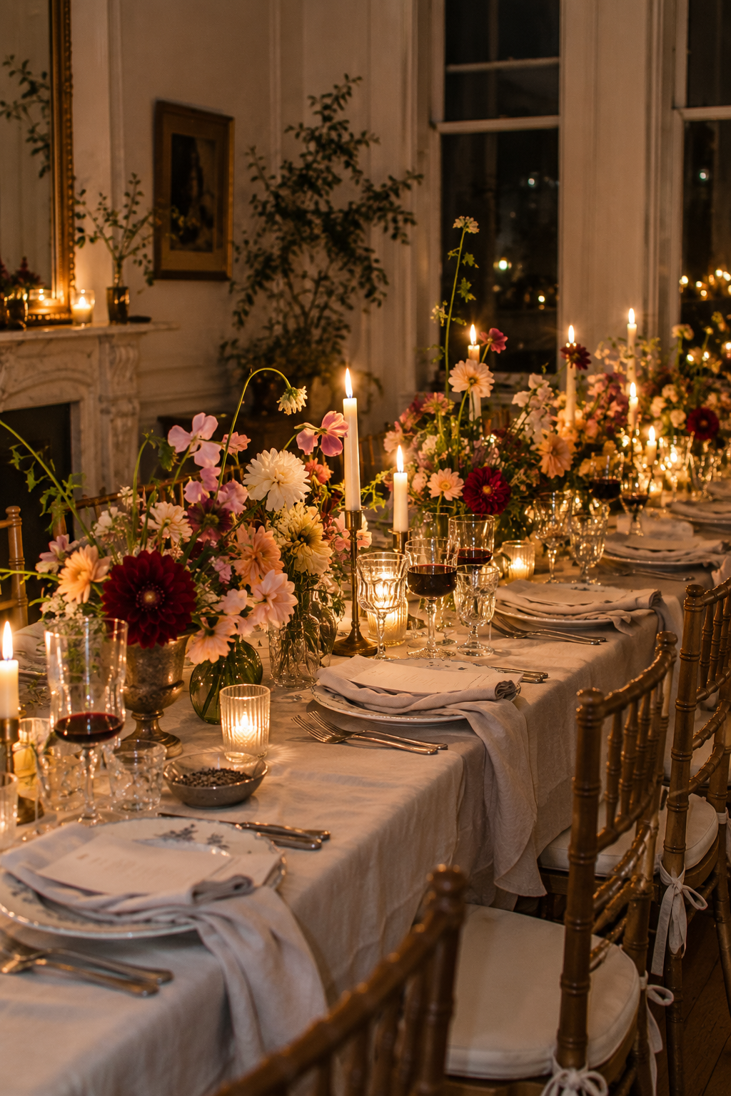 Intimate candlelit dinner with seasonal floral arrangements