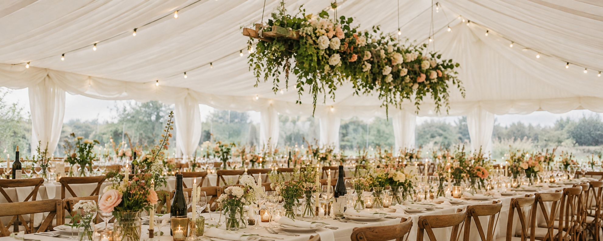 Wedding reception tent filled with seasonal florals and candlelight