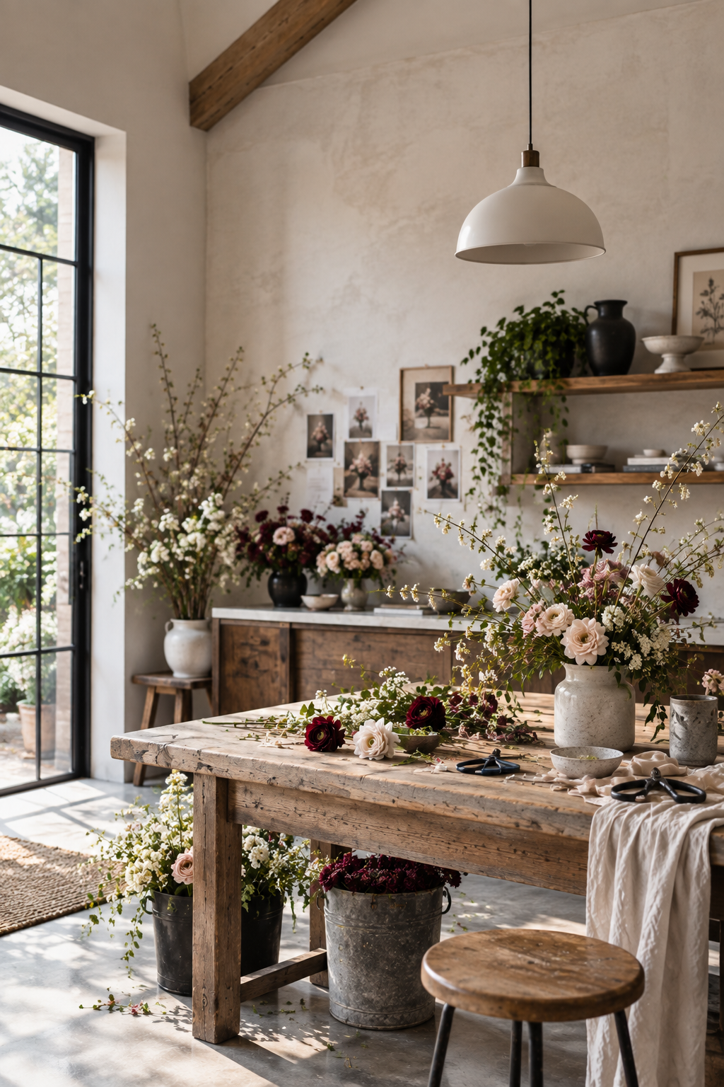 Interior of the Fleur & Finch studio — worktable, tools, and loose stems in morning light