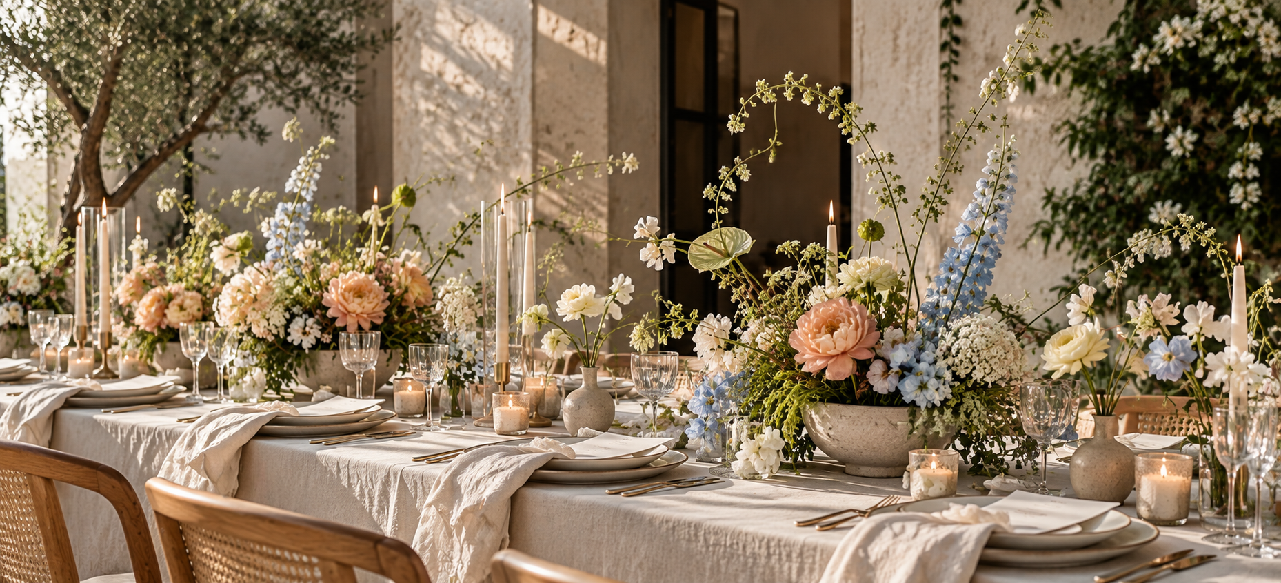 A wedding reception tablescape styled with florals by Fleur & Finch